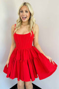 Red A Line Spaghetti Straps Short Satin Homecoming Dress Bmbride