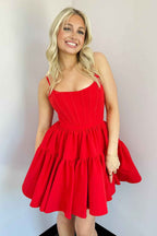 Red A Line Spaghetti Straps Short Satin Homecoming Dress Bmbride