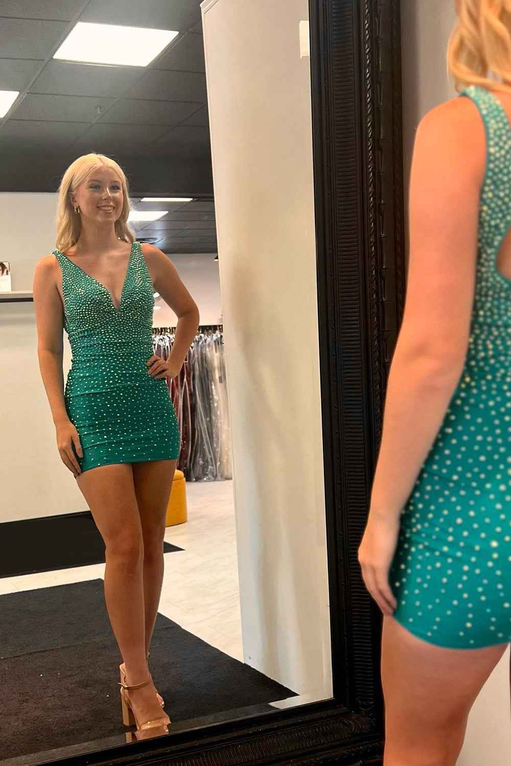 Sparkly Coral Beaded V-Neck Backless Tight Short Homecoming Dress Bmbride