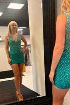 Sparkly Coral Beaded V-Neck Backless Tight Short Homecoming Dress Bmbride