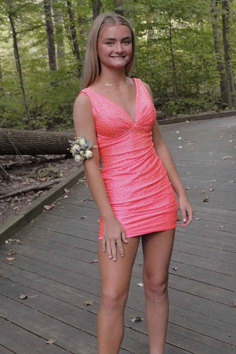 Sparkly Coral Beaded V-Neck Backless Tight Short Homecoming Dress Bmbride