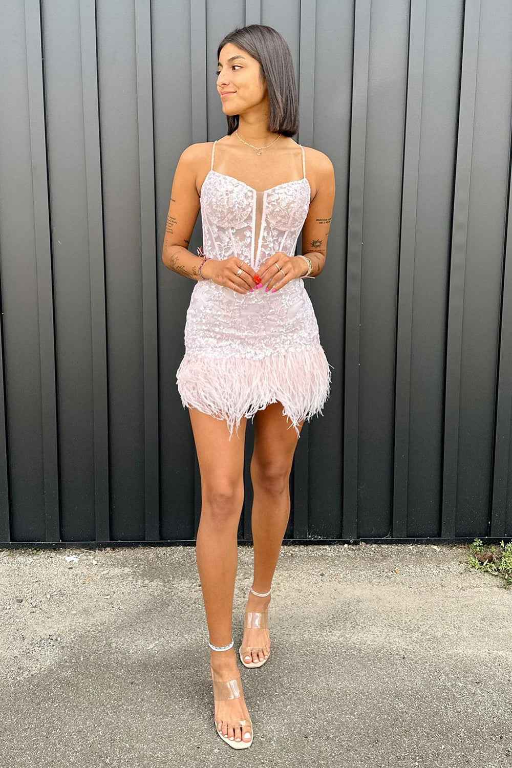 Light Blue Corset Lace Tight Short Homecoming Dress with Feathers
