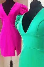Simple Fuchsia V-Neck Short Sleeves Tight Short Homecoming Dress Bmbride