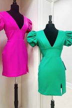 Simple Fuchsia V-Neck Short Sleeves Tight Short Homecoming Dress Bmbride