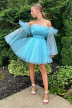 A-Line Blue Tulle Short Homecoming Dress with Detachable Long Sleeves