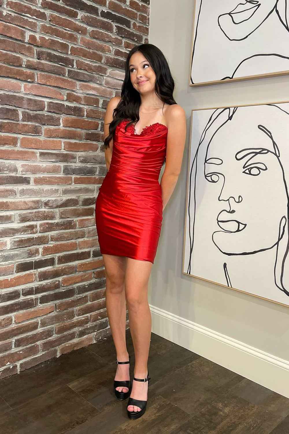 Red Satin Sweetheart Tight Short Homecoming Dress With Lace Bmbride