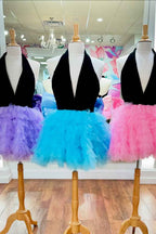 Lilac V-Neck A-Line Halter Tiered Short Homecoming Dress With Bow