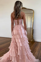 A Line Sweetheart Light Blue Long Tiered Chiffon Prom Dress with Appliques