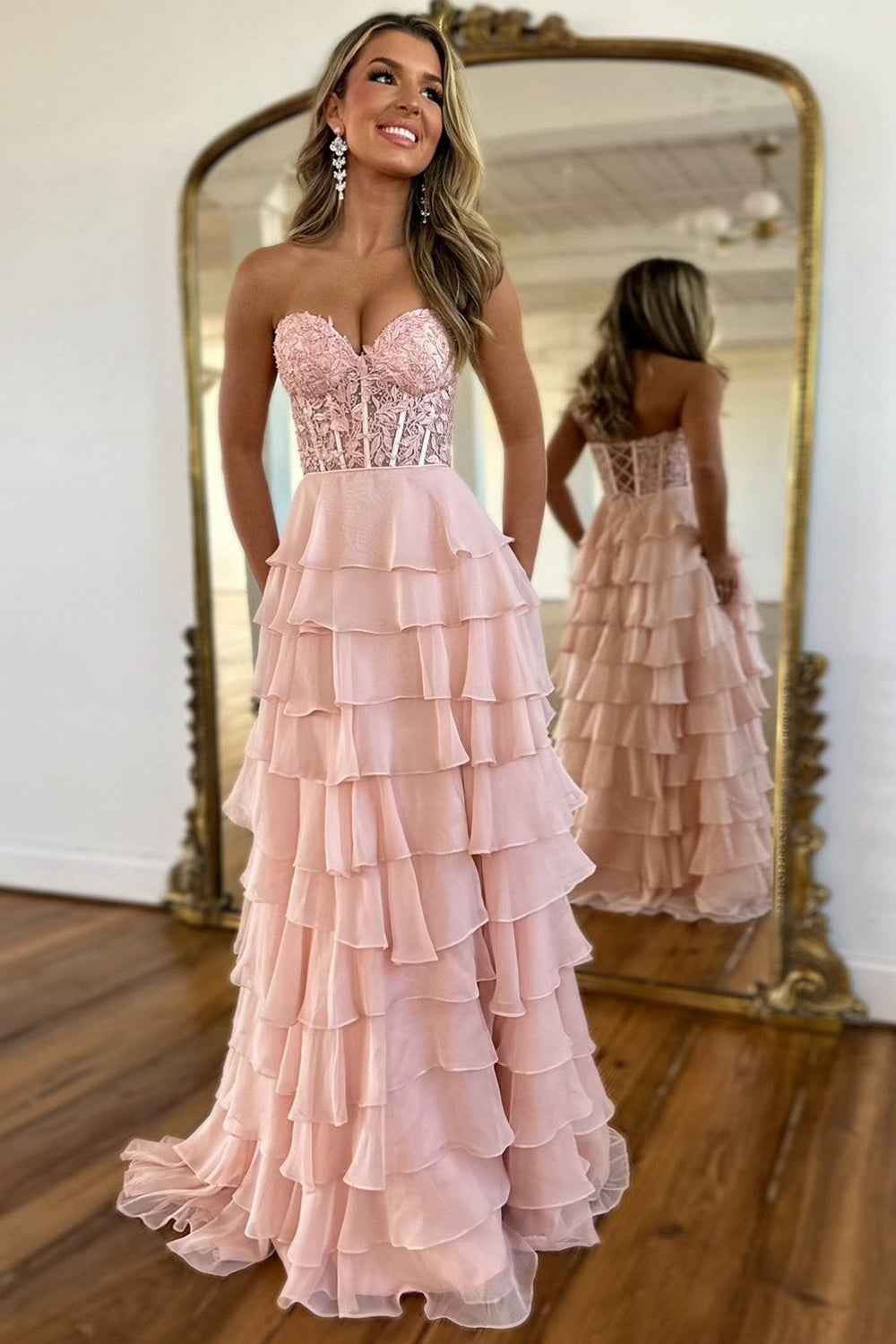 A Line Sweetheart Light Blue Long Tiered Chiffon Prom Dress with Appliques