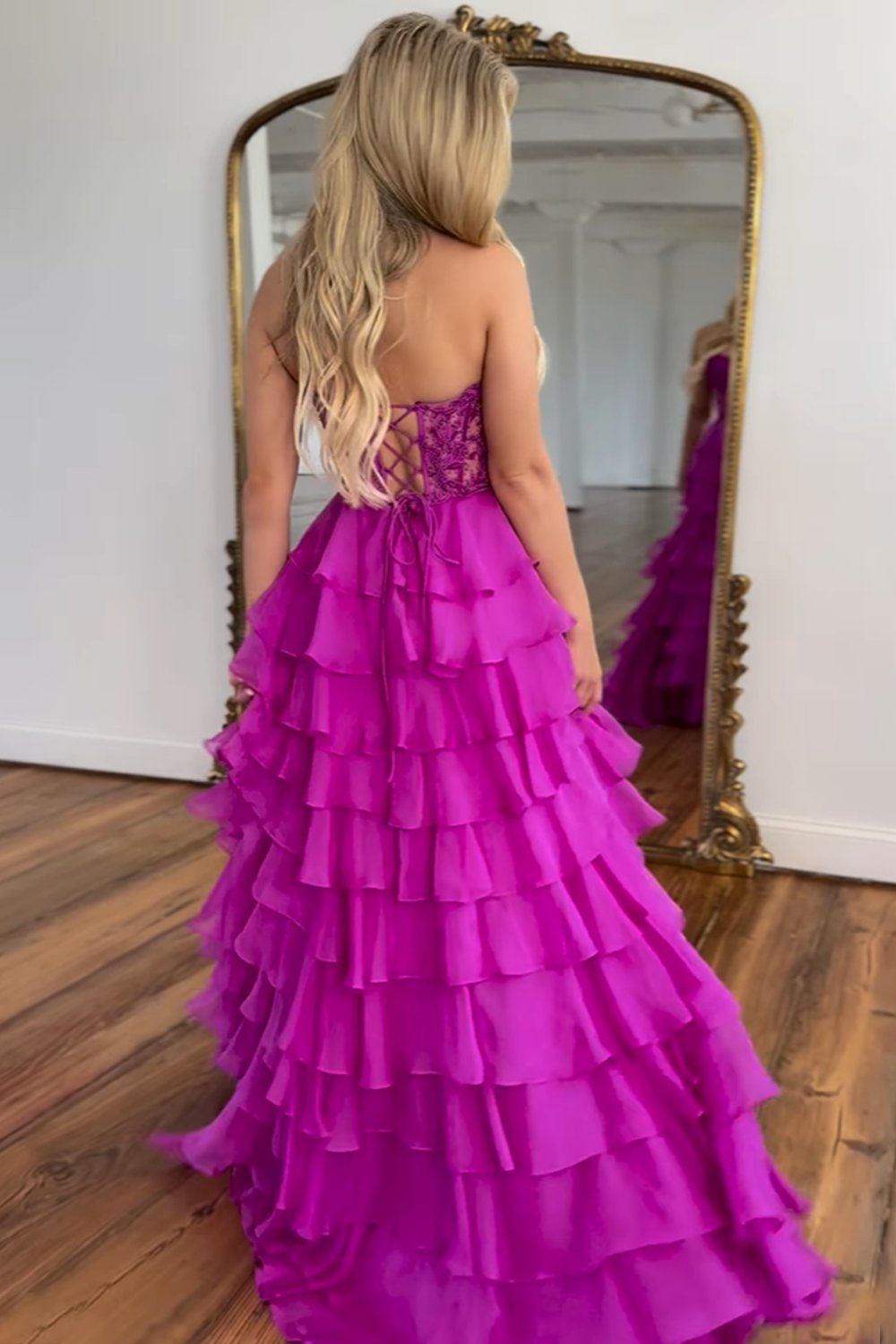 A Line Sweetheart Light Blue Long Tiered Chiffon Prom Dress with Appliques