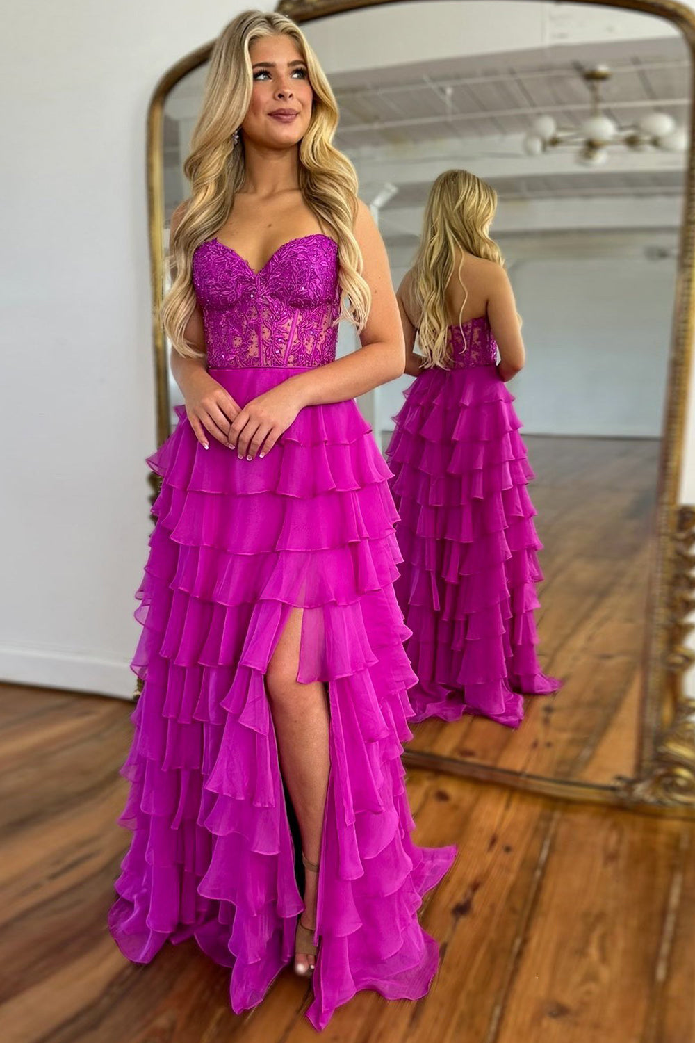 A Line Sweetheart Light Blue Long Tiered Chiffon Prom Dress with Appliques