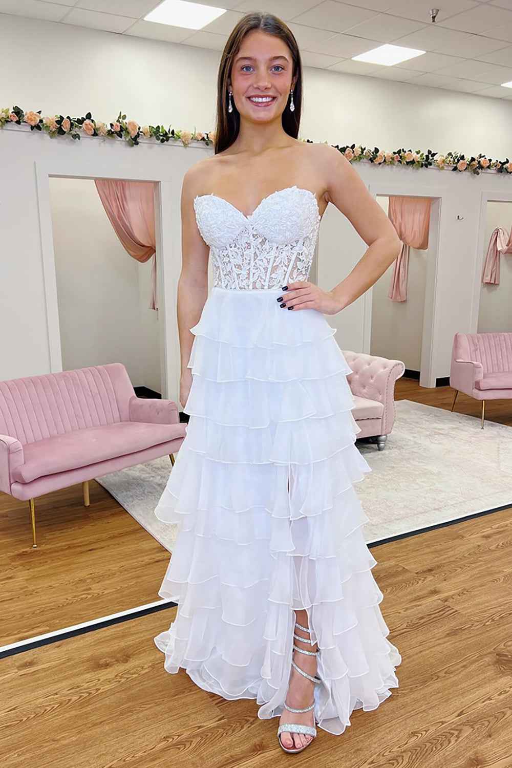 A Line Sweetheart Light Blue Long Tiered Chiffon Prom Dress with Appliques