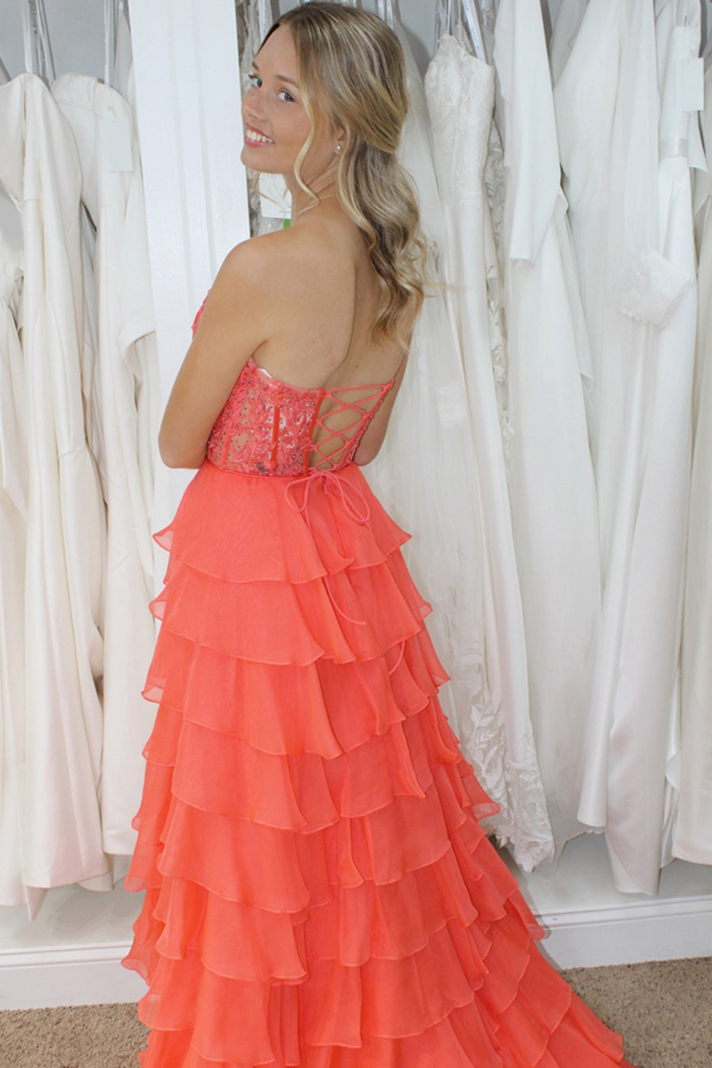 A Line Sweetheart Light Blue Long Tiered Chiffon Prom Dress with Appliques