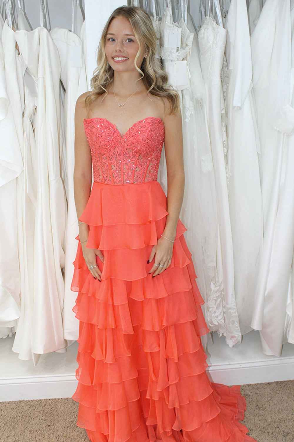 A Line Sweetheart Light Blue Long Tiered Chiffon Prom Dress with Appliques