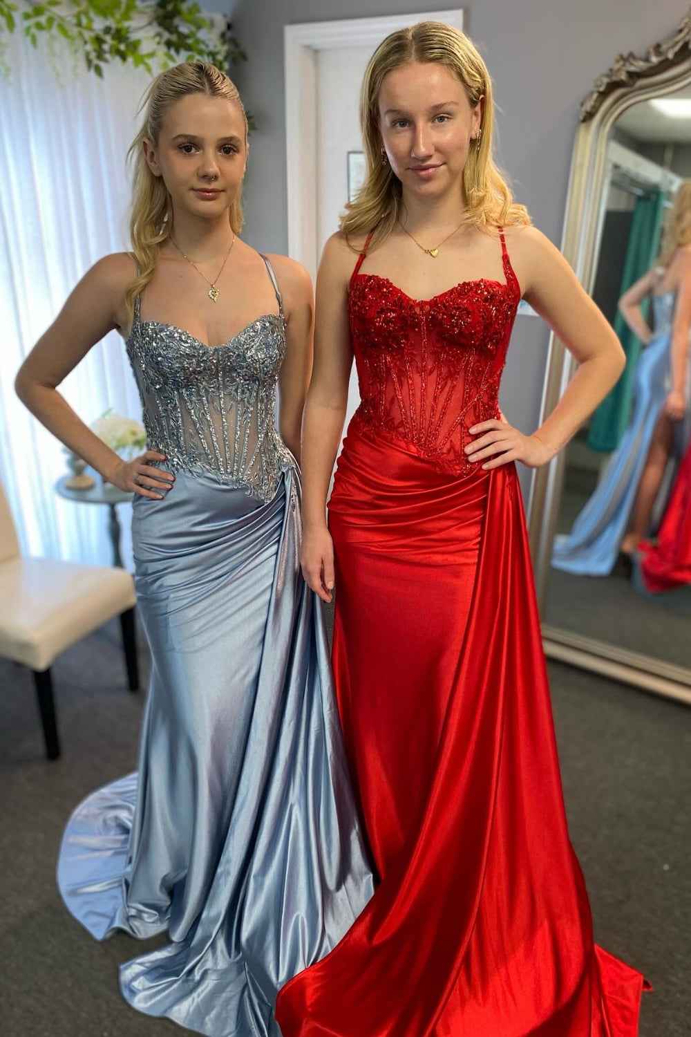 Trendy Mermaid Spaghetti Straps Silver Corset Prom Dress with Appliques