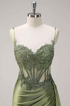 Trendy Mermaid Spaghetti Straps Silver Corset Prom Dress with Appliques