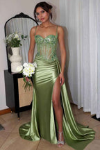 Trendy Mermaid Spaghetti Straps Silver Corset Prom Dress with Appliques