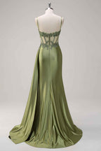 Trendy Mermaid Spaghetti Straps Silver Corset Prom Dress with Appliques
