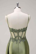 Trendy Mermaid Spaghetti Straps Silver Corset Prom Dress with Appliques