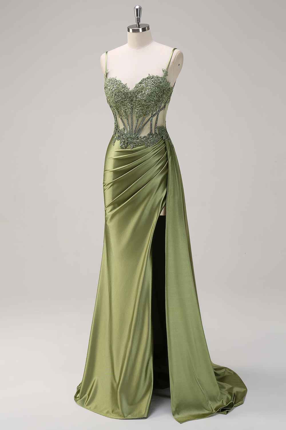 Trendy Mermaid Spaghetti Straps Silver Corset Prom Dress with Appliques