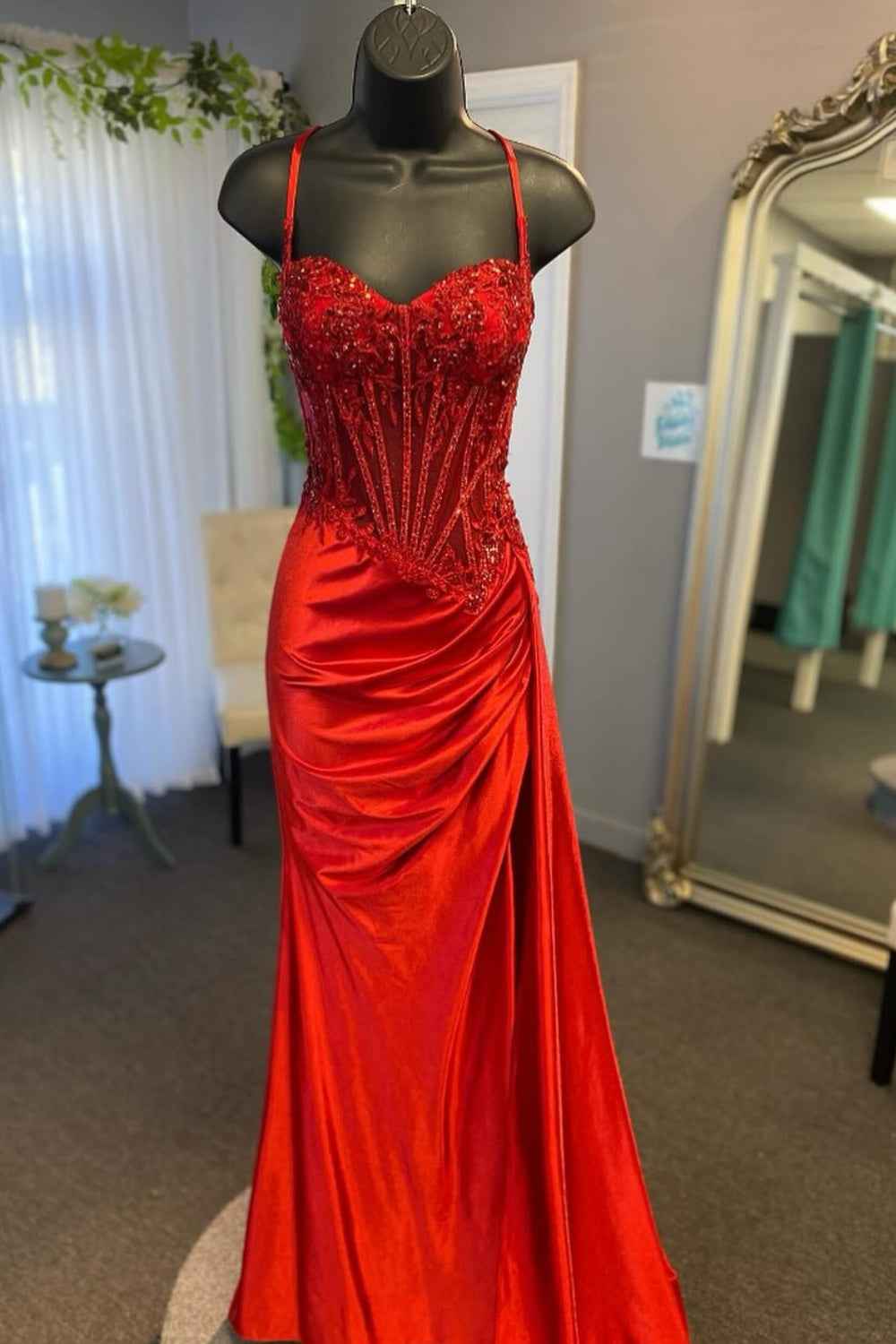 Trendy Mermaid Spaghetti Straps Silver Corset Prom Dress with Appliques