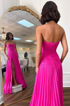 Fuchsia Strapless A Line Sweetheart Keyhole Long Pleated Prom Dress with Slit