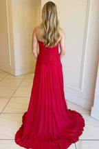 Fuchsia Strapless A Line Sweetheart Keyhole Long Pleated Prom Dress with Slit