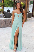 Fuchsia Strapless A Line Sweetheart Keyhole Long Pleated Prom Dress with Slit