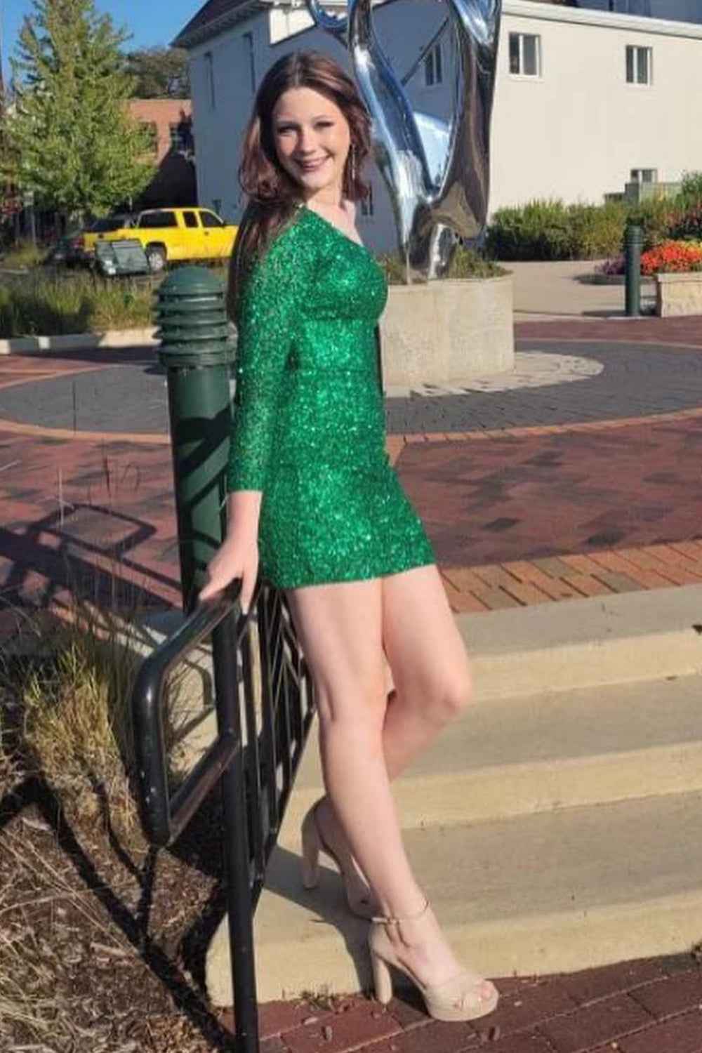 Sparkly Fuchsia One Shoulder One Sleeves Tight Short Sequins Homecoming Dress Bmbride