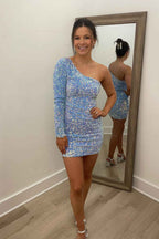 Sparkly Fuchsia One Shoulder One Sleeves Tight Short Sequins Homecoming Dress Bmbride