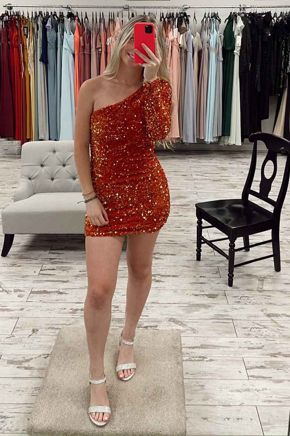 Sparkly Fuchsia One Shoulder One Sleeves Tight Short Sequins Homecoming Dress Bmbride