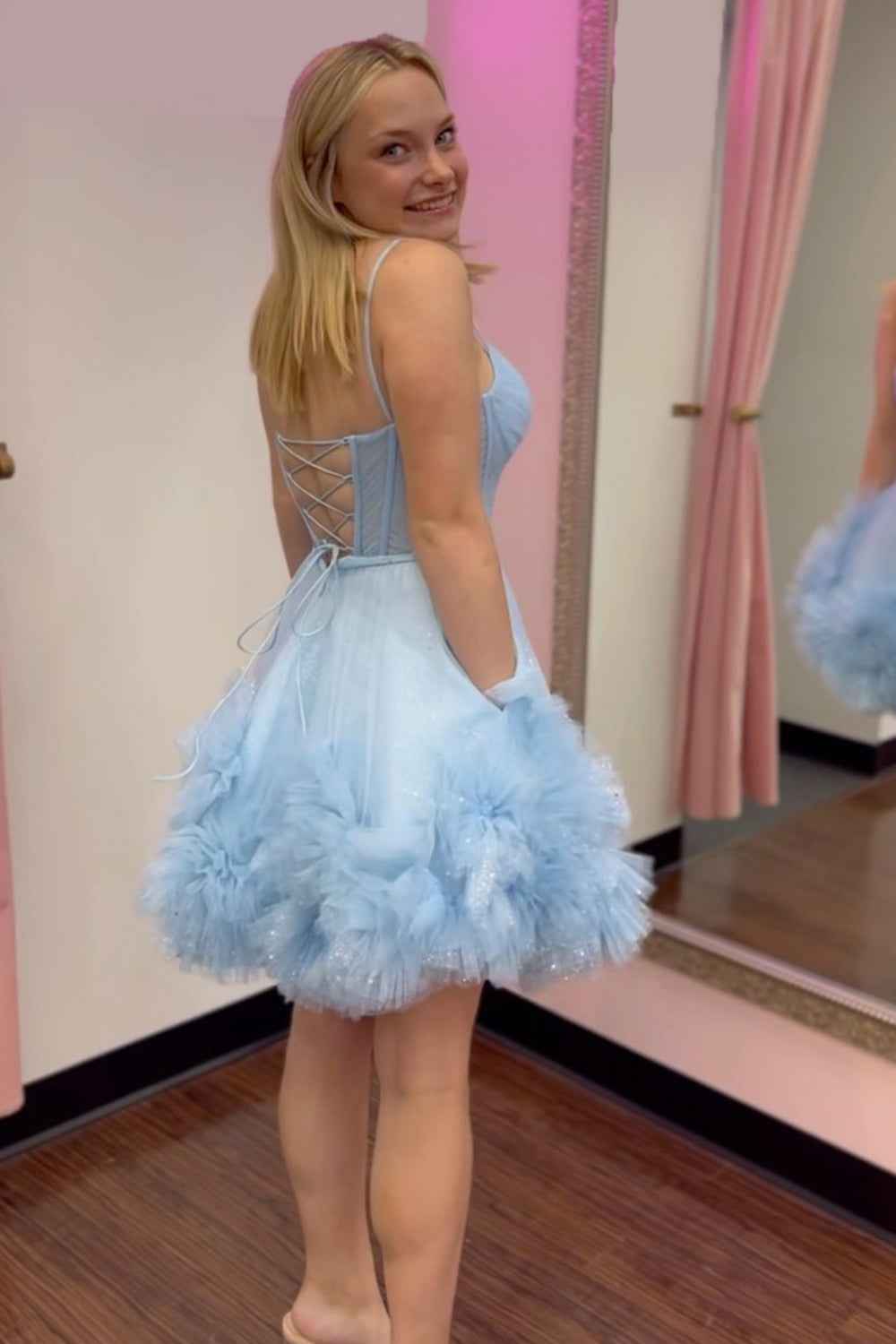Glitter Pink Corset Tulle A-Line Tulle Short Homecoming Dress With Pocket Bmbride
