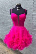 Glitter Pink Corset Tulle A-Line Tulle Short Homecoming Dress With Pocket Bmbride