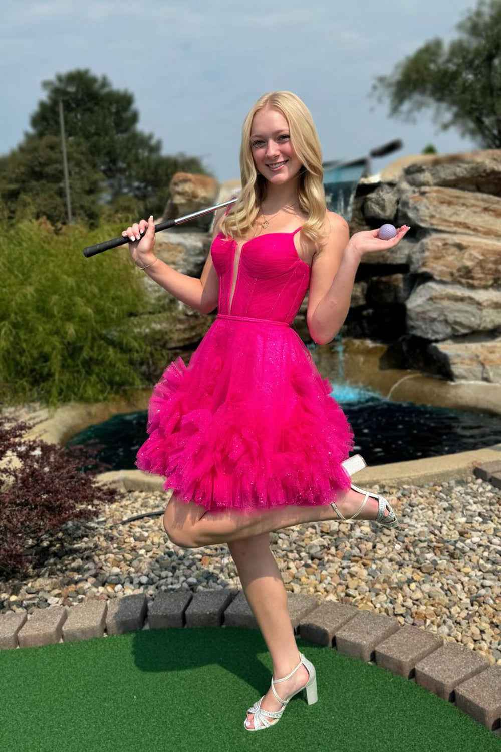 Glitter Pink Corset Tulle A-Line Tulle Short Homecoming Dress With Pocket Bmbride