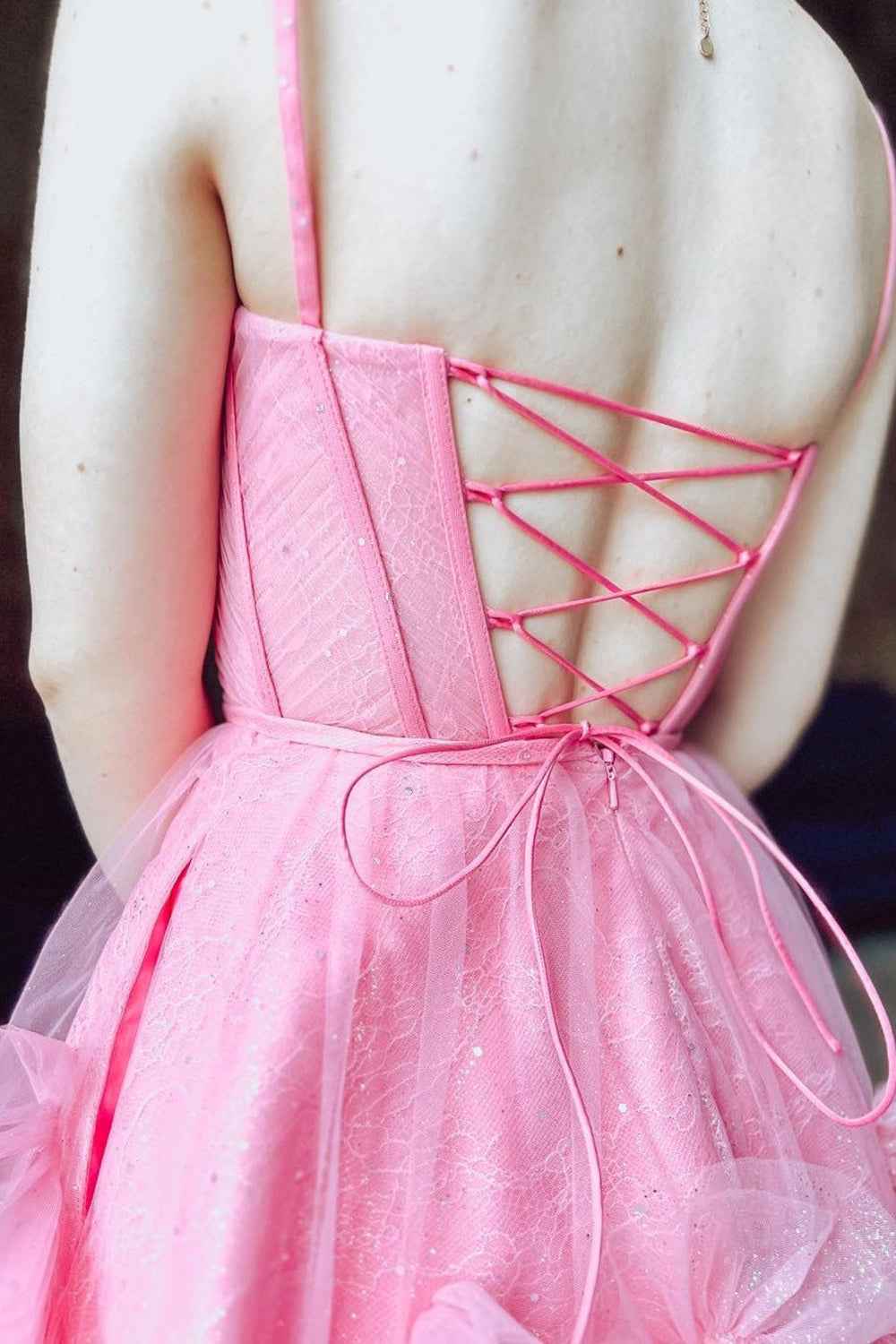 Glitter Pink Corset Tulle A-Line Tulle Short Homecoming Dress With Pocket Bmbride