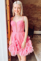 Glitter Pink Corset Tulle A-Line Tulle Short Homecoming Dress With Pocket Bmbride