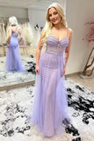 Stunning Mermaid Spaghetti Straps Purple Corset Prom Dress with Slit BM bride