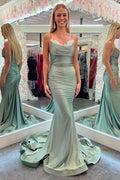Graceful Mermaid Spaghetti Straps Green Long Prom Dress with Lace BM bride