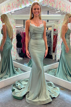 Graceful Mermaid Spaghetti Straps Green Long Prom Dress with Lace BM bride