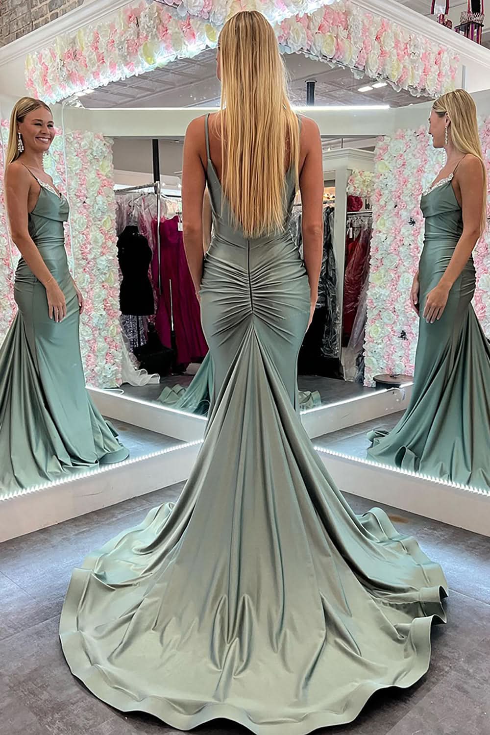 Graceful Mermaid Spaghetti Straps Green Long Prom Dress with Lace BM bride