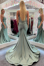 Graceful Mermaid Spaghetti Straps Green Long Prom Dress with Lace BM bride