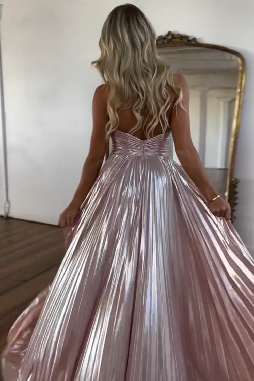 Metallic Blush Halter Neck A-Line Pleated Long Prom Dress with Slit