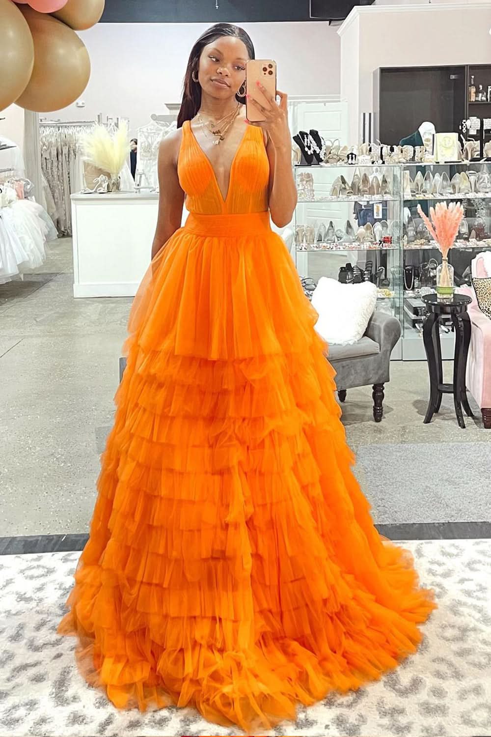 Charming A-Line Orange V-Neck Tulle Long Prom Dress BM bride
