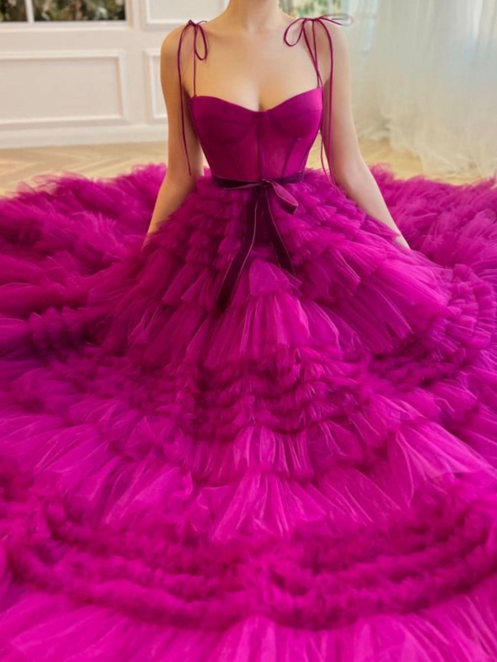 Stunning A-Line Strapless Fuchsia Tiered Long Tulle Prom Dress BM bride