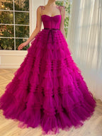 Stunning A-Line Strapless Fuchsia Tiered Long Tulle Prom Dress BM bride