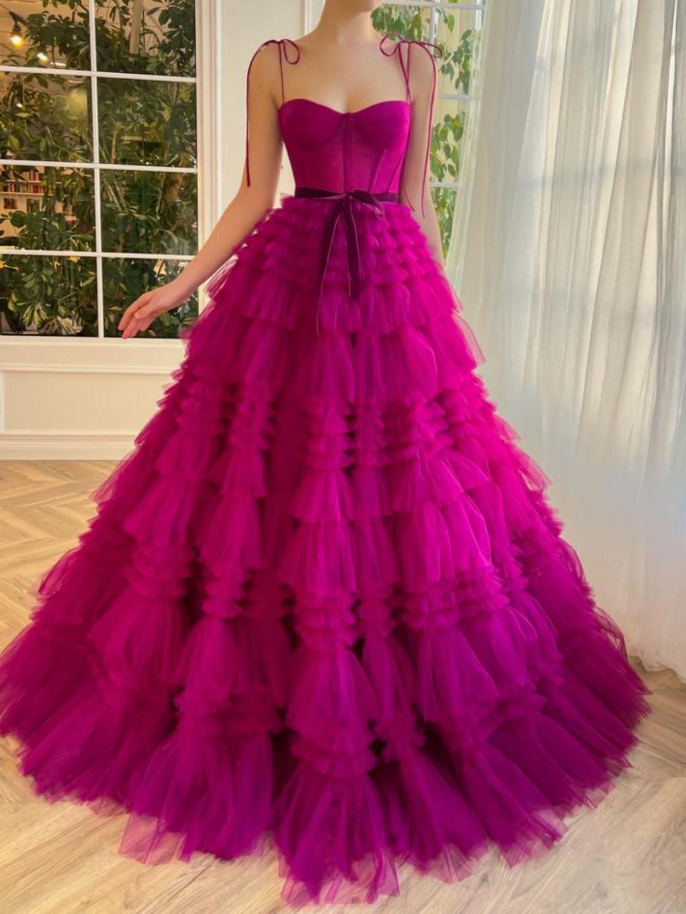 Stunning A-Line Strapless Fuchsia Tiered Long Tulle Prom Dress BM bride