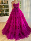 Stunning A-Line Strapless Fuchsia Tiered Long Tulle Prom Dress BM bride