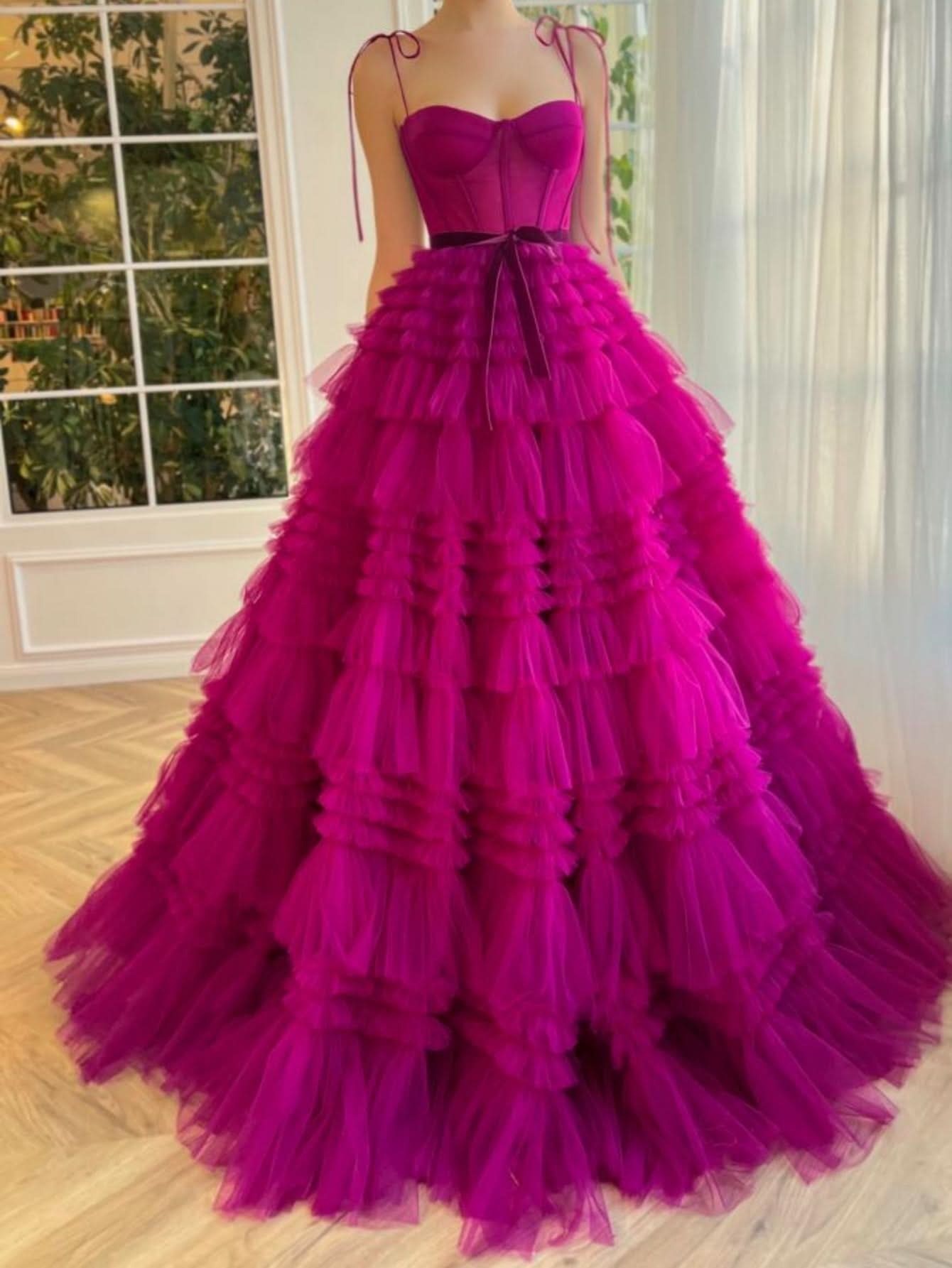 Stunning A-Line Strapless Fuchsia Tiered Long Tulle Prom Dress BM bride