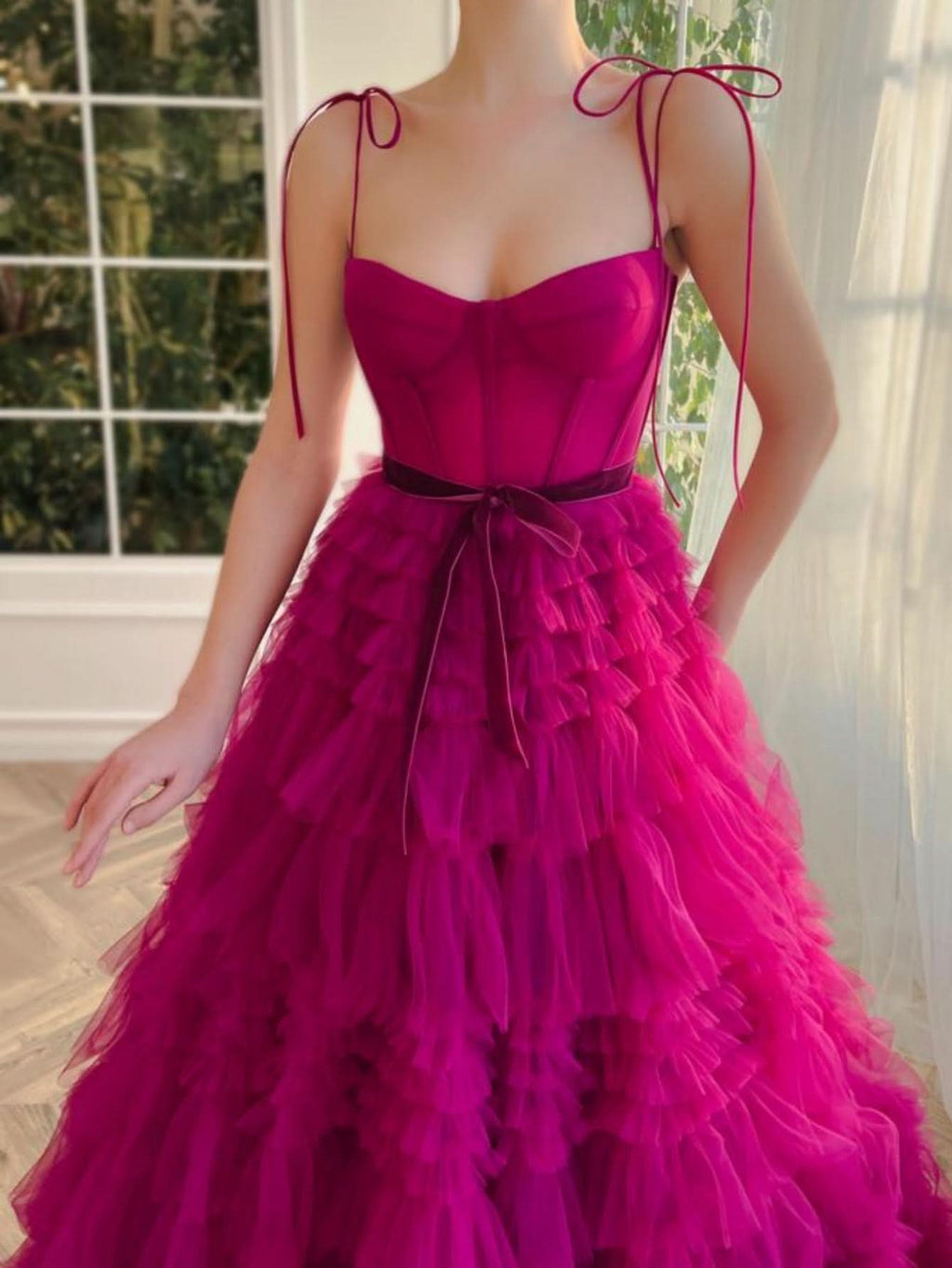Stunning A-Line Strapless Fuchsia Tiered Long Tulle Prom Dress BM bride