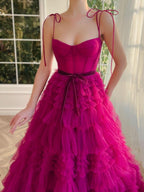 Stunning A-Line Strapless Fuchsia Tiered Long Tulle Prom Dress BM bride